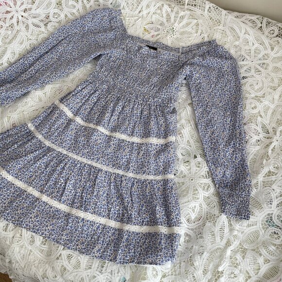Japna Cottagecore Long-Sleeve Floral Smocked Dress Blue & White - XS - Picture 7 of 11